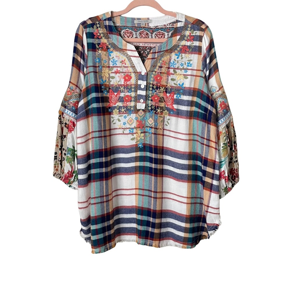 John Mark Top Womens Medium Floral Embroidered Plaid Flannel Paisley Tunic Boho